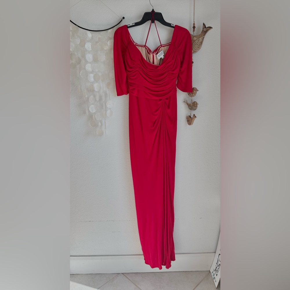 Badgley Mischka Red Ruched Cowl Neck Gown